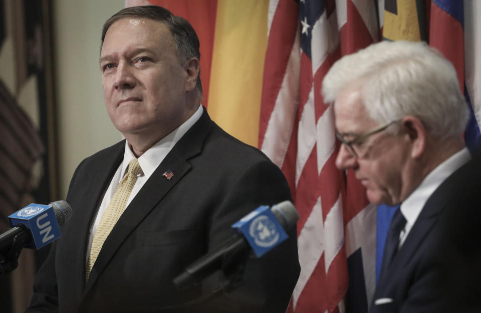 United States Secretary of State Michael Pompeo, left, and Foreign Minister of Poland Jacek Czaputowicz, right, hold a press visit during their visit to attend the United Nations Security Council on the Mideast, Tuesday Aug. 20, 2019 at U.N. headquarters. (AP Photo/Bebeto Matthews)