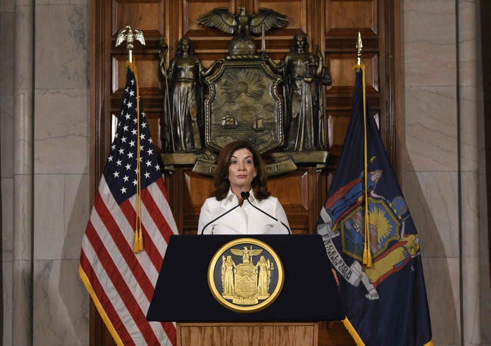 New York Gov. Kathy Hochul speaks to reporters after a ceremonial swearing-in ceremony at the state Capitol, Tuesday, Aug. 24, 2021, in Albany, N.Y. (AP Photo/Hans Pennink)