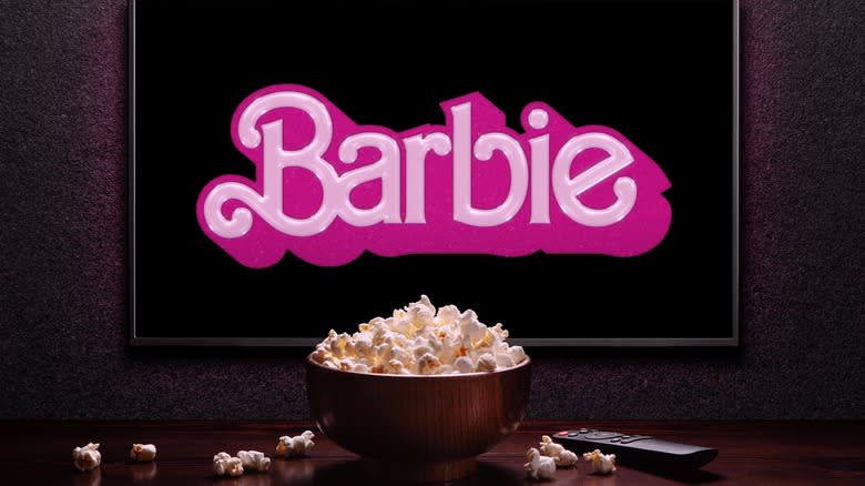 popcorn in front of the barbie movie