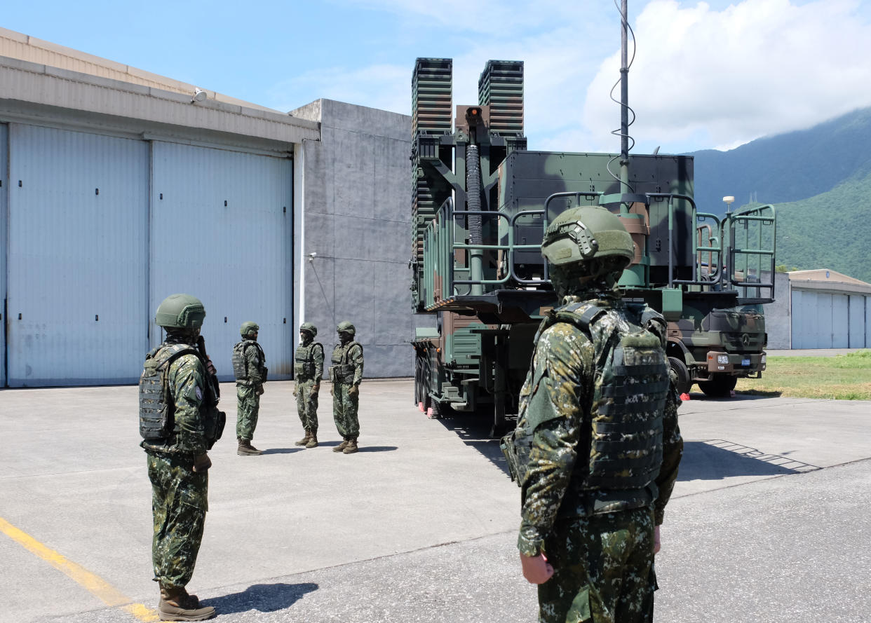 Taiwanese soldiers operate a Sky Bow III (Tien-Kung III) Surface-to-Air missile system at a base in Taiwan's southeastern Hualien county on Thursday, Aug. 18, 2022. Taiwan is staging military exercises to show its ability to resist Chinese pressure to accept Beijing's political control over the island. (AP Photo/Johnson Lai)