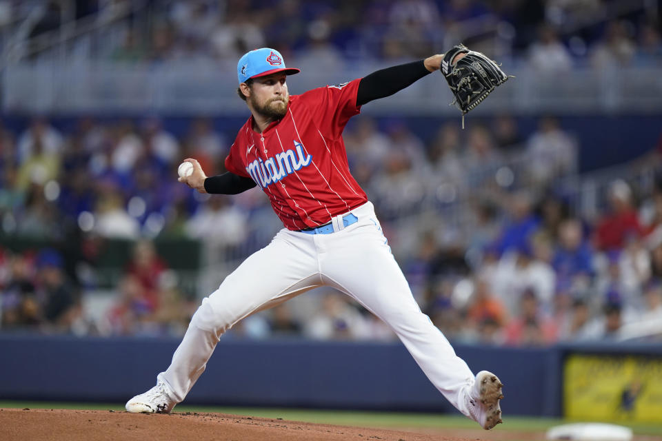 Miami Marlins' Nick Neidert delivers a pitch during the first inning of a baseball game against the New York Mets, Saturday, July 30, 2022, in Miami. (AP Photo/Wilfredo Lee)