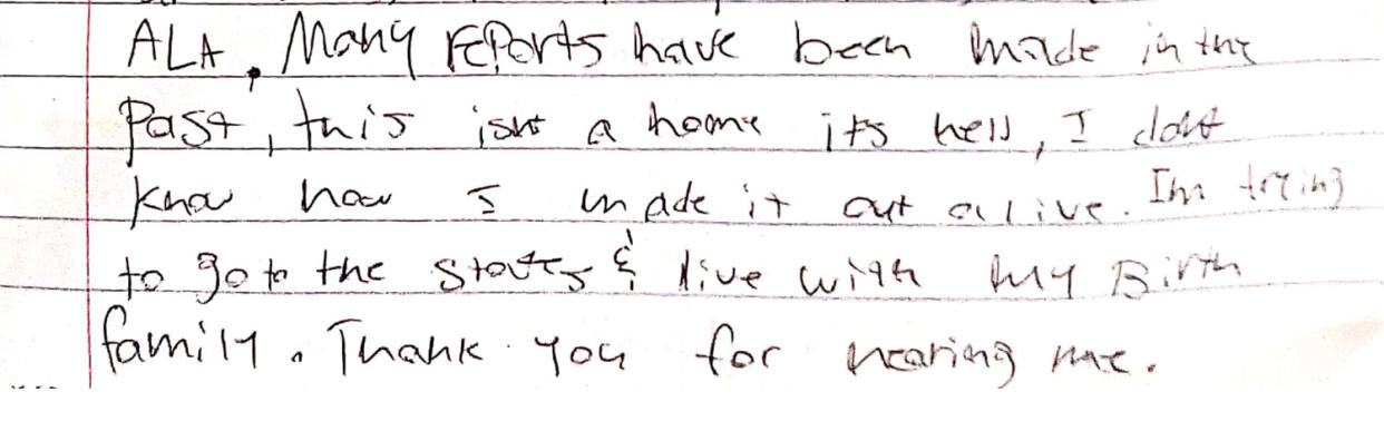 An excerpt from handwritten statements by boys removed from Atlantis Leadership Academy. (Obtained by NBC News)