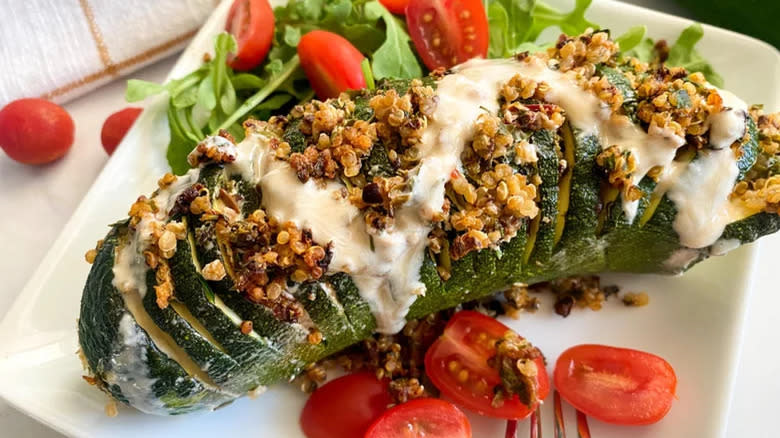 sliced hasselback zucchini with quinoa