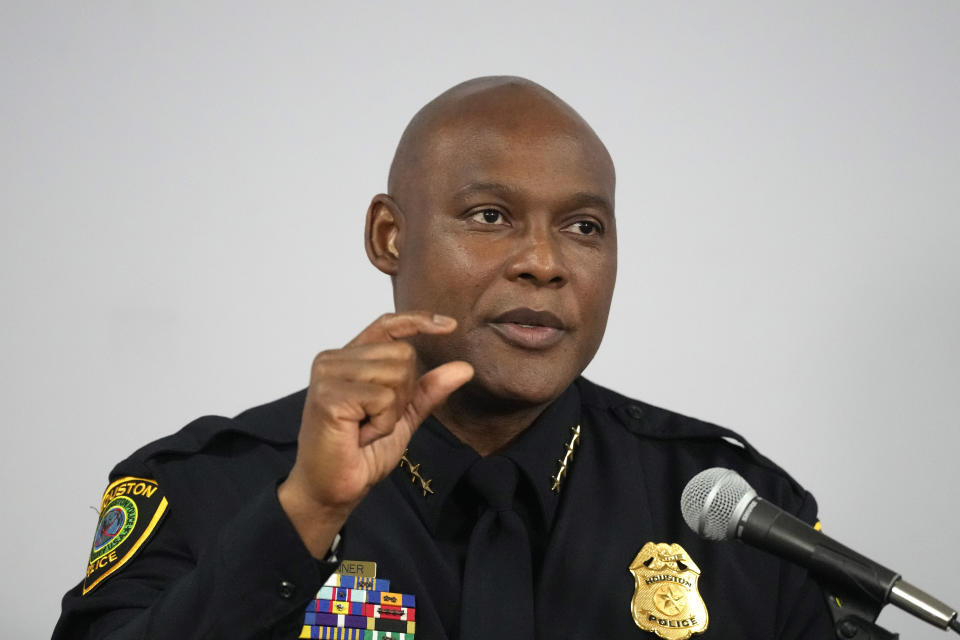 Houston Police Chief Troy Finner speaks to the media during a news conference, Thursday, March 7, 2024, at the police department's headquarters about the more than 264,000 cases, including more than 4,000 dealing with sexual assault, that were dropped over the past eight years due do a lack of personnel. (Karen Warren/Houston Chronicle via AP)