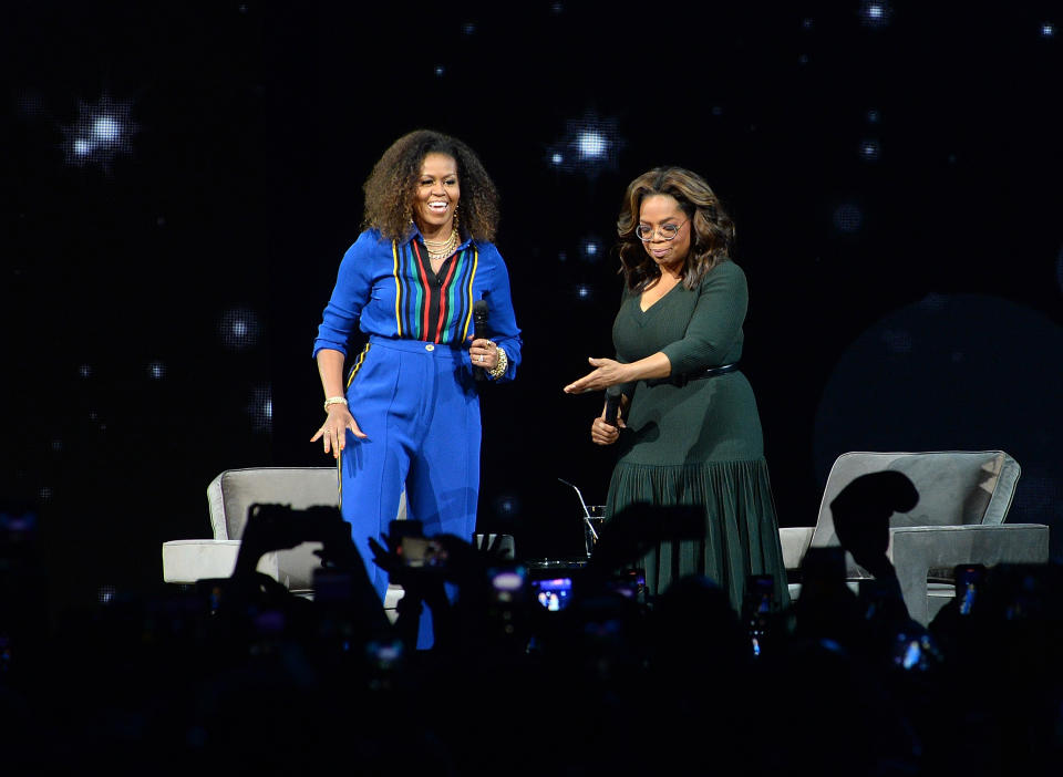 Michelle Obama, left, and Oprah Winfrey participate at "Oprah's 2020 Vision: Your Life in Focus" tour at the Barclays Center on Saturday, Feb. 8, 2020, in New York. (Photo by Brad Barket/Invision/AP)