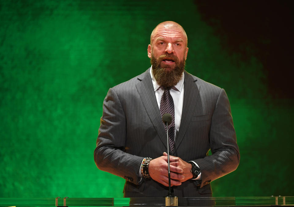 LAS VEGAS, NEVADA - OCTOBER 11:  WWE Executive Vice President of Talent, Live Events and Creative Paul "Triple H" Levesque speaks at a WWE news conference at T-Mobile Arena on October 11, 2019 in Las Vegas, Nevada. It was announced that WWE wrestler Braun Strowman will face heavyweight boxer Tyson Fury and WWE champion Brock Lesnar will take on former UFC heavyweight champion Cain Velasquez at the WWE's Crown Jewel event at Fahd International Stadium in Riyadh, Saudi Arabia on October 31.  (Photo by Ethan Miller/Getty Images)