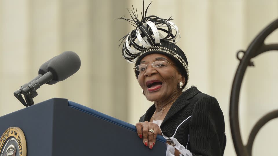 Christine King Farris delivers remarks during the 'Let Freedom Ring' commemoration event, at the Lincoln Memorial on August 28, 2013 in Washington, DC. - Michael Reynolds/Pool/Getty Images