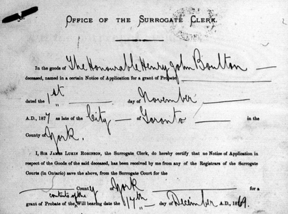  Document relating to the death and property of lawyer and politician Henry John Boulton, who died in 1870.