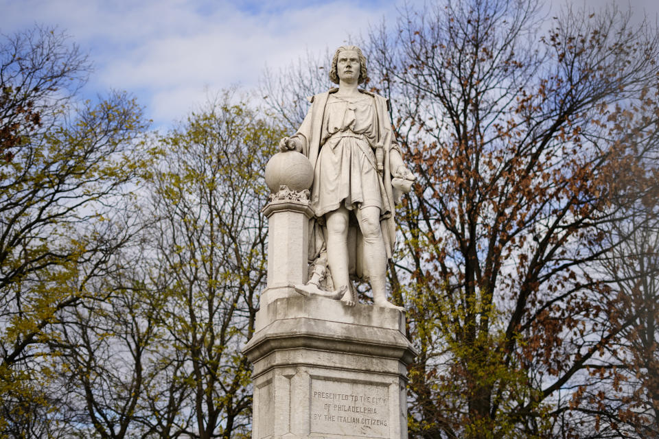 Shown is the statue of Christopher Columbus at Marconi Plaza in Philadelphia, Monday, Dec. 12, 2022. Philadelphia removed the plywood box it placed over the statue after 2020 protests over racial injustice. (AP Photo/Matt Rourke)