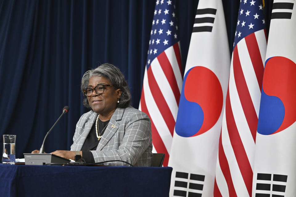 U.S. Ambassador to the United Nations Linda Thomas-Greenfield speaks during a press conference at the American Diplomacy House in Seoul Wednesday, April 17, 2024. (Jung Yeon-je/Pool Photo via AP)