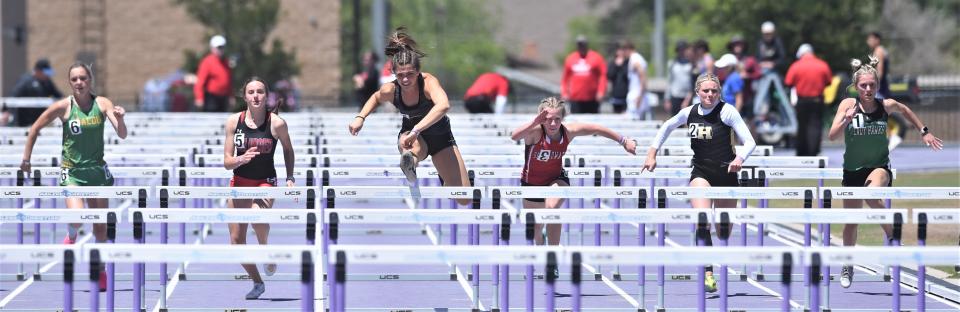 Clyde's Payton Phillips, third from left, clears a hurdle well in front of the pack in the 100-meter hurdles. Phillips won it in 14.84 to earn her third straight trip to state in the event at the Region I-3A meet April 29 at ACU's Elmer Gray Stadium.