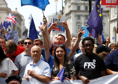 Pro-EU supporters, calling on the government to give Britons a vote on the final Brexit deal, participate in the 'People's Vote' march in central London, Britain June 23, 2018. REUTERS/Henry Nicholls