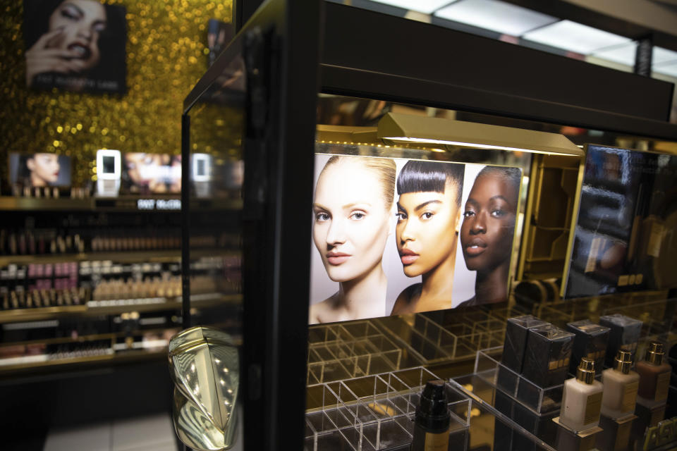 In this photo taken on May 7, 2021, products from makeup brand Pat McGrath are on display inside a Sephora store in New York. Sephora recently announced a commitment to devote at least 15% of its store shelves to Black-owned brands. (AP Photo/Robert Bumsted)