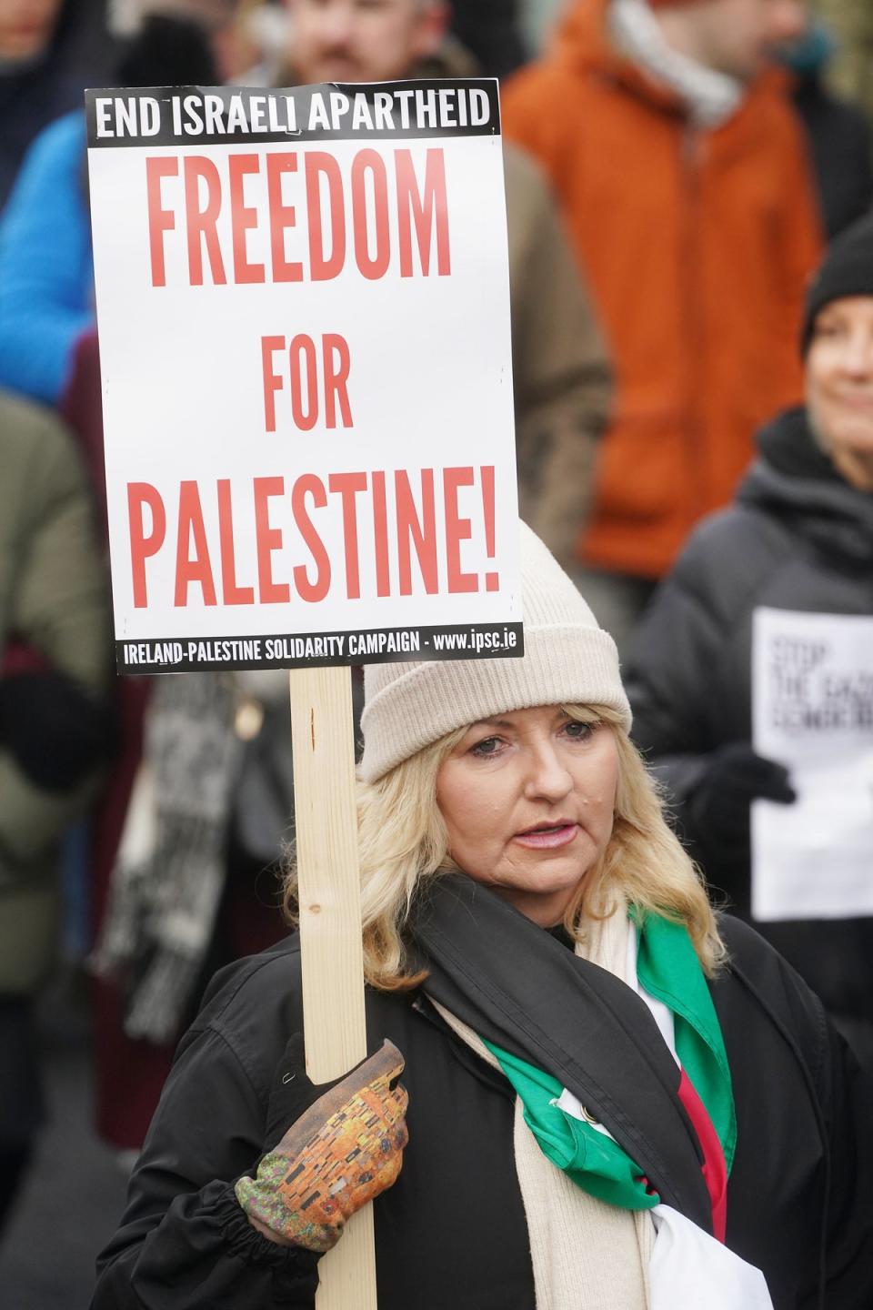 Protesters take part in a march organised by the Ireland-Palestine Solidarity Campaign on O’Connell Street, Dublin (PA)
