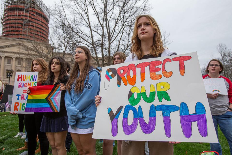 Opponents of Kentucky’s House Bill 470 gathered in Frankfort, Ky. on Thursday afternoon. The bill, which would bar trans youth from gender transition services in Kentucky, passed on a 14-7 vote. Mar. 2, 2023