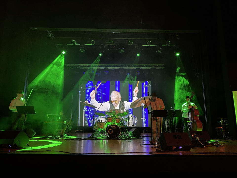 Saul Dreier and his Holocaust Survivor Band performing in Grodzisk Mazowiecki, a town in central Poland, in 2022. (Courtesy of Justyna Kołaczek)