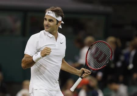 Britain Tennis - Wimbledon - All England Lawn Tennis & Croquet Club, Wimbledon, England - 1/7/16 Switzerland's Roger Federer celebrates during his match against Great Britain's Daniel Evans REUTERS