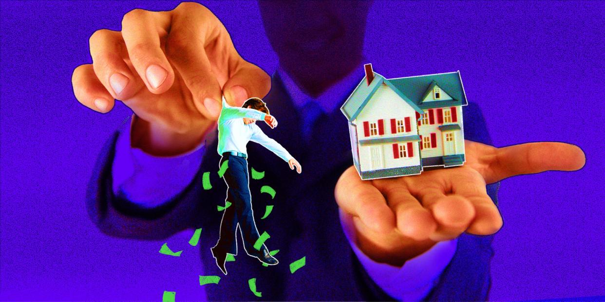 giant broker holding a house in one hand and holding a buyer  in the other, shaking him as money falls out of his pockets