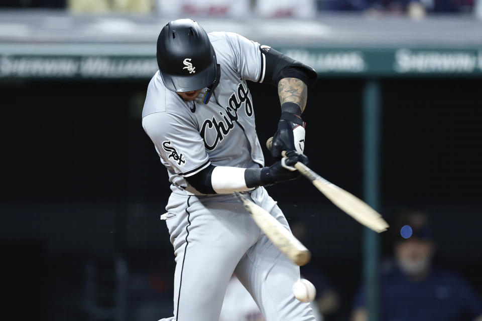 Chicago White Sox designated hitter Korey Lee breaks his bat as he hits a single off Cleveland Guardians pitcher Scott Barlow during the eighth inning of a baseball game, Tuesday, April 9, 2024, in Cleveland. (AP Photo/Ron Schwane)