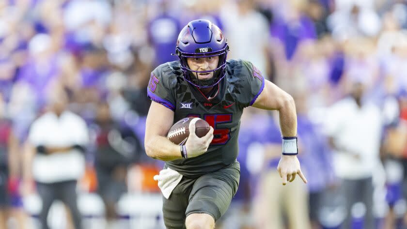 TCU quarterback Max Duggan (15) is seen during an NCAA football game against Oklahoma State.