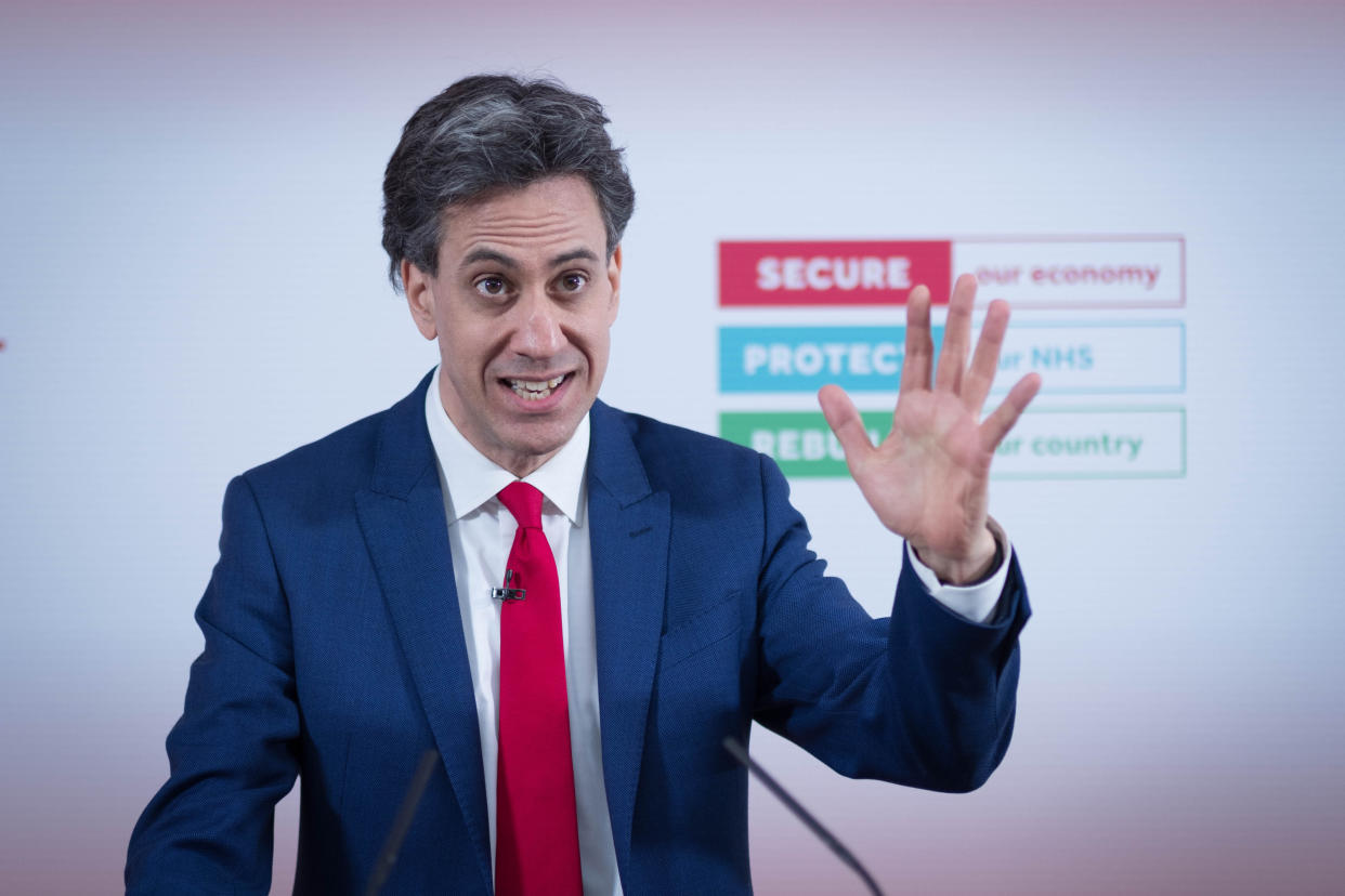 Shadow Business Secretary Ed Miliband delivers a speech at Labour Party headquarters in London on securing jobs and backing industry through a green economic recovery. Picture date: Thursday March 25, 2021.