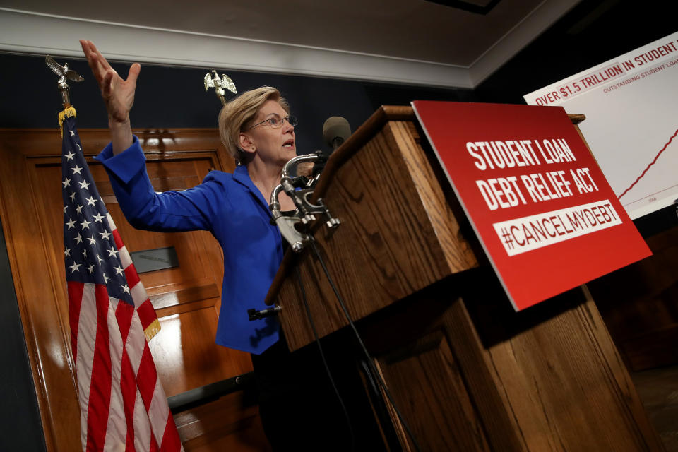 WASHINGTON, DC - JULY 23:  Sen. Elizabeth Warren (D-MA) speaks during a press conference on Capitol Hill July 23, 2019 in Washington, DC. Warren spoke with Rep. Jim Clyburn (D-SC) on legislation to cancel student loan debt for millions of Americans.  (Photo by Win McNamee/Getty Images)