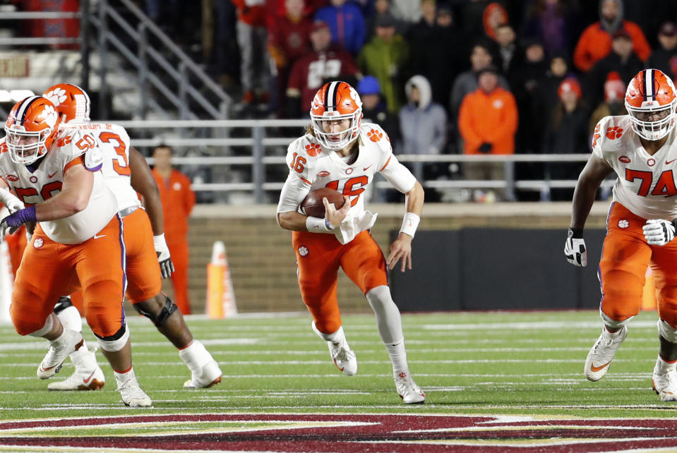 Trevor Lawrence (16) takes off on a keeper during a game between the Boson College Eagles and the Clemson University Tigers on. November 10, 2018, at Alumni Stadium in Chestnut Hill, Massachusetts. (Getty Images)