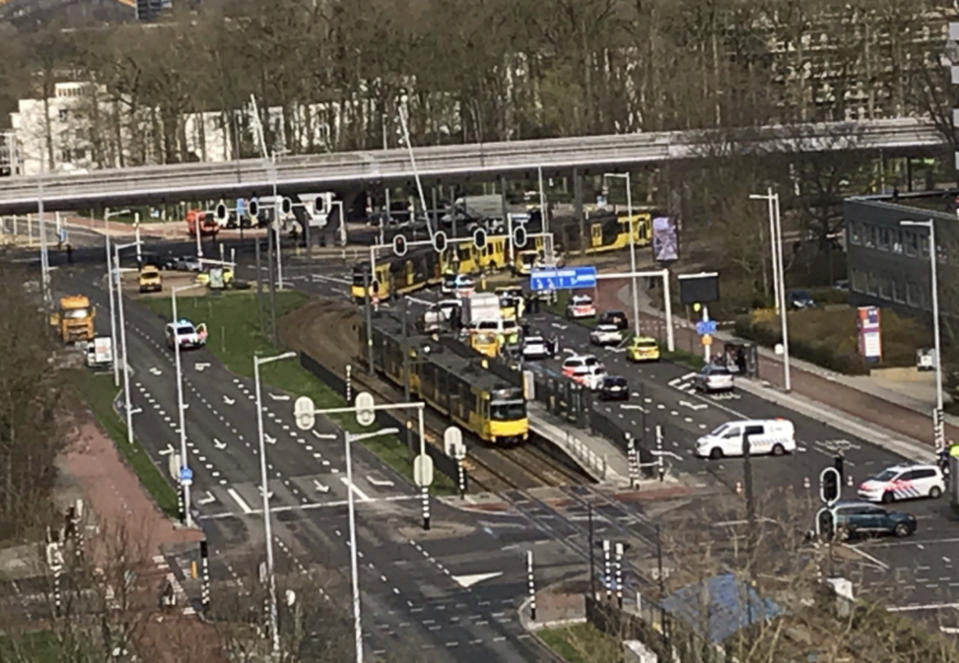 In this image taken from the Twitter page of Lilian Bruigom, emergency services attend the scene of a shooting in Utrecht, Netherlands, Monday March 18, 2019. (Photo: Peter Dejong/AP)