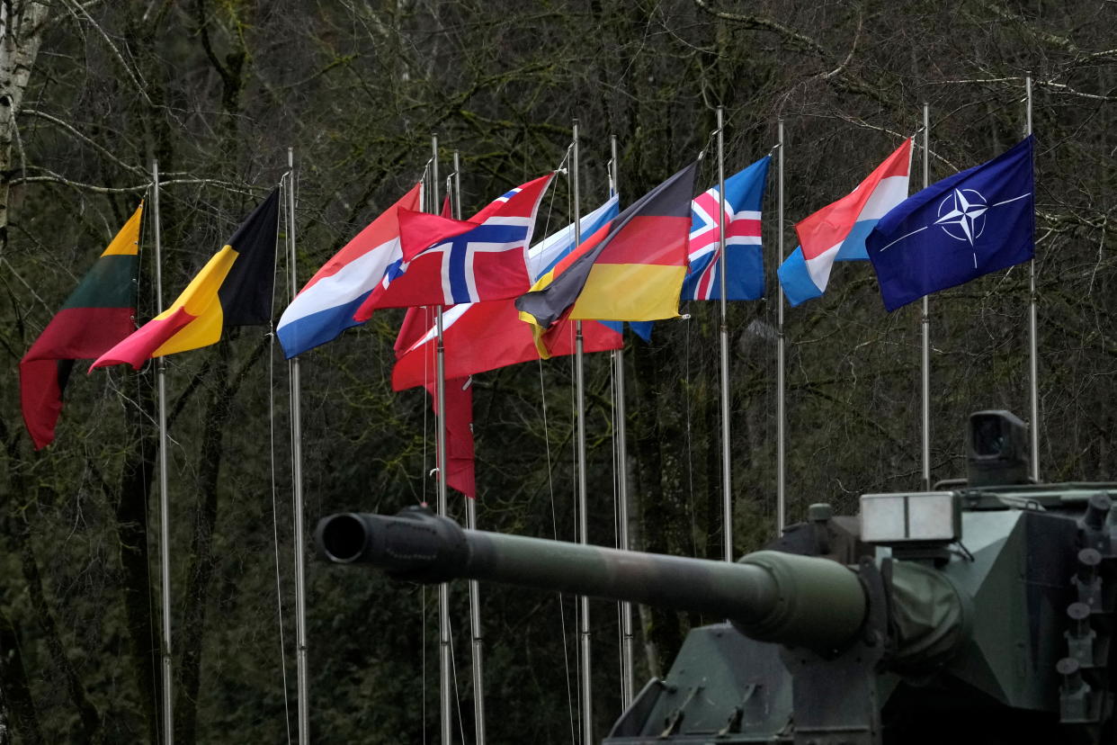 NATO and member states flags flutter during German Defence Minister Christine Lambrecht's visit to German troops in Rukla military base, Lithuania February 22, 2022. REUTERS/Ints Kalnins