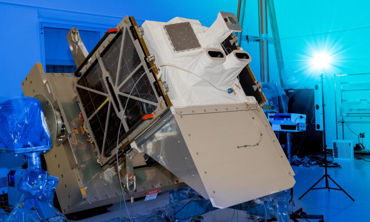 <span>MethaneSat is scheduled to launch from California aboard a SpaceX rocket on Monday.</span><span>Photograph: 2024 Ball Aerospace/BAE Systems</span>