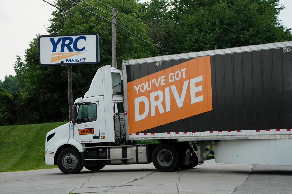 FILE - A Yellow Corp. truck pulls into a YRC Freight facility, Friday, July 28, 2023, in Richfield, Ohio. Trucking company Yellow Corp. has shut down operations and is headed for a bankruptcy filing, Sunday, July 30, 2023, according to the Teamsters Union and multiple media reports. After years of financial struggles, reports of Yellow preparing for bankruptcy emerged last week — as the Nashville, Tennessee-based trucker saw customers leave in large numbers. (AP Photo/Sue Ogrocki, File)