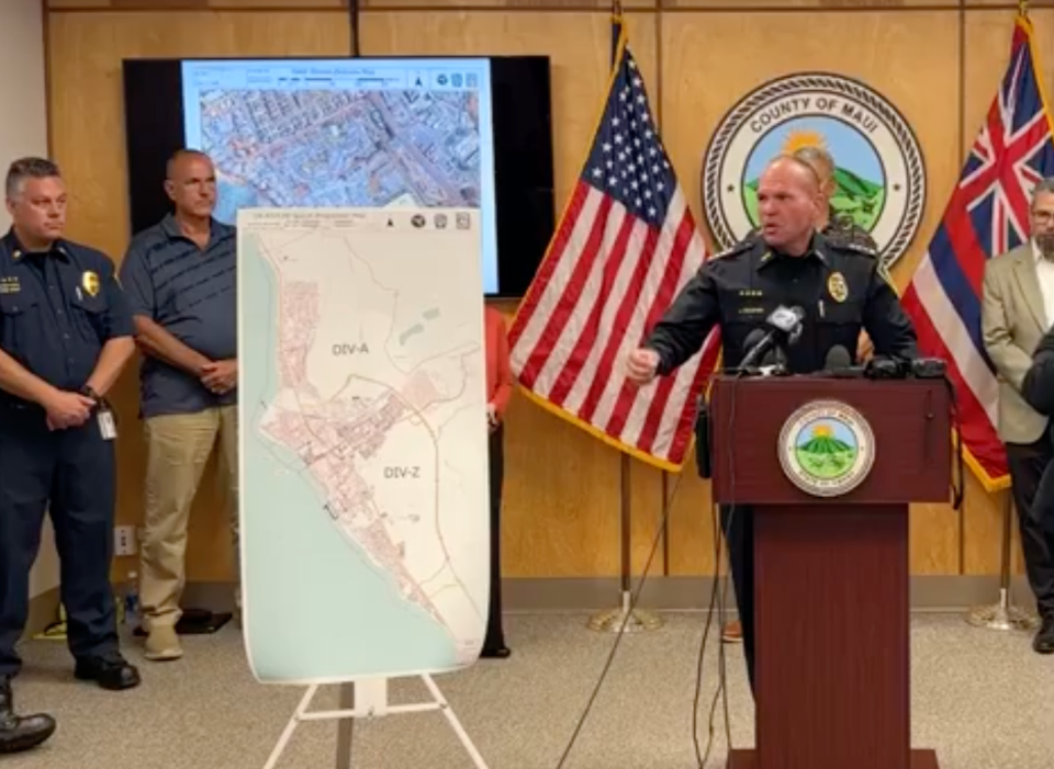 Maui police chief John Pelletier shares the breakdown of searches in Lahaina in a news conference on 23 August (County of Maui / Facebook)