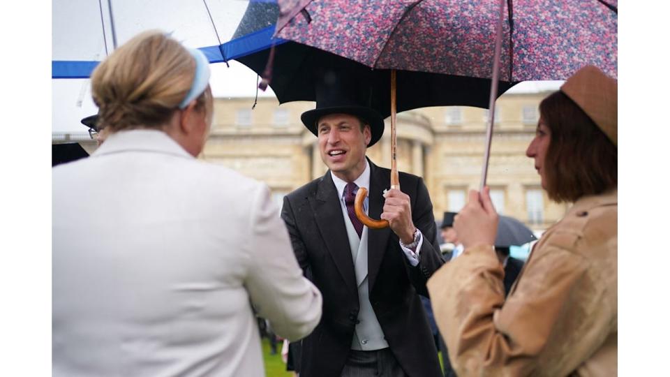 Smiling Prince William shaking guest's hand at Buckingham Palace