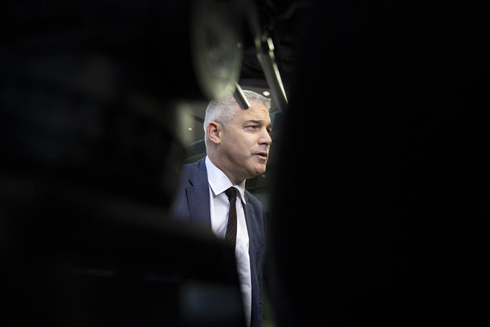 United Kingdom Brexit negotiator Stephen Barclay speaks with the media as he arrives for a meeting of EU General Affairs Council at the European Convention Center in Luxembourg, Tuesday, Oct. 15, 2019. European Union chief Brexit negotiator Michel Barnier briefed ministers Tuesday on the state of play of Brexit. (AP Photo/Virginia Mayo)