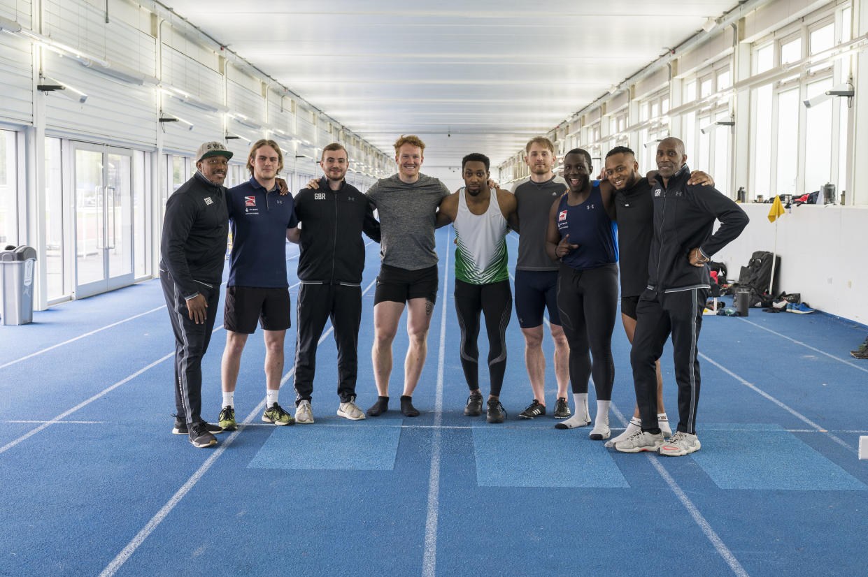 Coach Steve Smith, Alex Costa, Ciaron Beesley, Greg Rutherford, Tremayne Gilling, Ben Simons, Lamin Deen, Ashley Watson and coach and former Olympian John Herbert at Aldershot (Chris Bepatt)