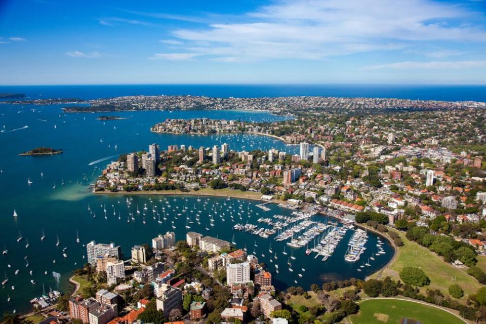 Aerial view of Rushcutters Bay, along the Bondi to Manly harbour walk