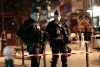 <p>Policemen stand guard in a street of Paris centre after one person was killed and several injured by a man armed with a knife, who was shot dead by police in Paris on May 12, 2018. (Photo: Geoffroy Van Der Hasselt/AFP/Getty Images) </p>