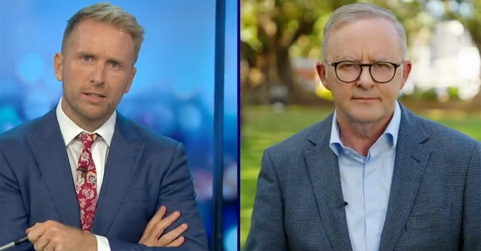 Hamish Macdonald with his arms crossed and Prime Minister Anthony Albanese