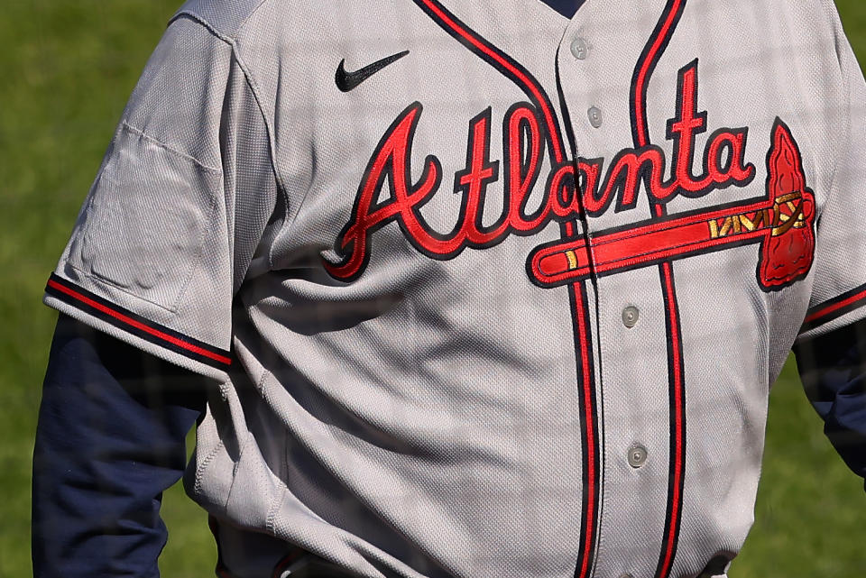 PHILADELPHIA, PA - APRIL 04: The All-Star Game logo is covered up on the right sleeve of manager Brian Snitker #43 of the Atlanta Braves during a baseball game against the Philadelphia Phillies at Citizens Bank Park on April 4, 2021 in Philadelphia, Pennsylvania. Atlanta was scheduled to be the host city of this year's All-Star Game, but MLB Commissioner Rob Manfred announced that due to Georgia's new voting laws, the league would be moving the game elsewhere. (Photo by Rich Schultz/Getty Images)