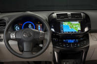 The highlight of the interior is an eight-inch capacitive touch screen with a state of the art graphic display, featuring navigation, telematics, and EV drive information and settings designed specifically for the RAV4 EV. Entune™ is standard (with three year complimentary access to Entune™ services) along with SiriusXM Satellite Radio (with 3-month trial subscription to XM Select package), AM/FM radio, Bluetooth® streaming audio, and USB port with iPod® connectivity.