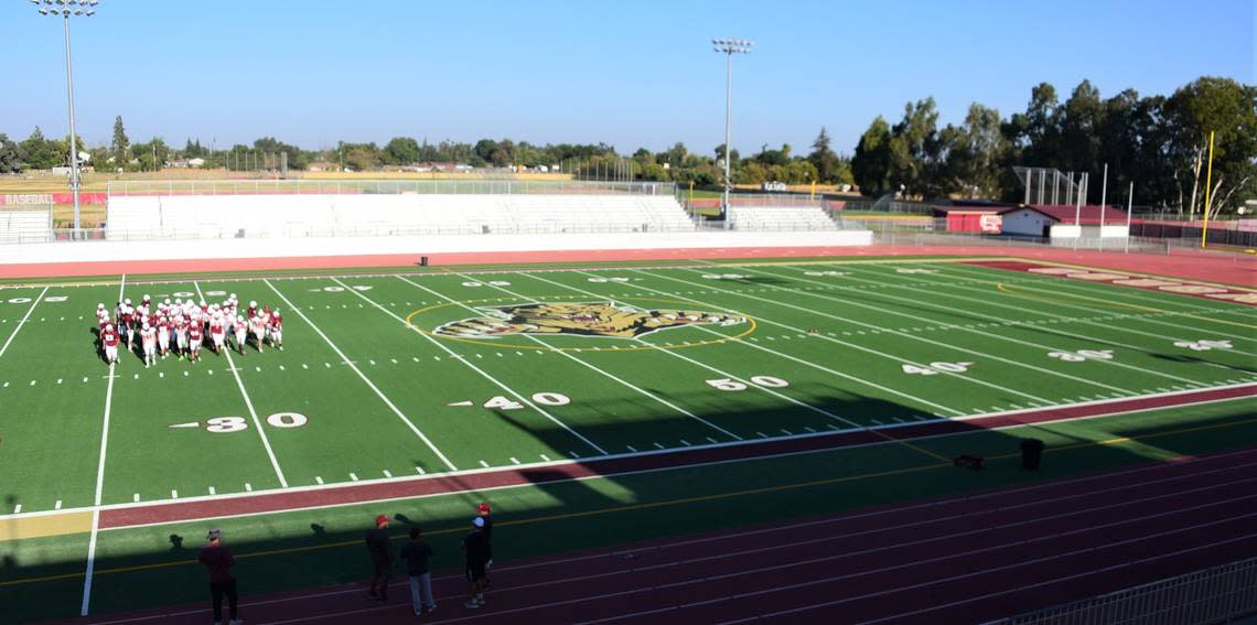 New artificial turfs were installed this year at Atwater and Golden Valley high school football stadiums. This is the new turf at Golden Valley’s Veterans Stadium.