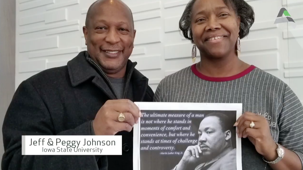 Jeff and Peggy Johnson are pictured with a photo of Martin Luther King Jr. Jeff Johnson, president and CEO of the Iowa State Alumni Association, will be the keynote speaker at the MLK Day Celebration at 6:30 p.m. Monday at Ames City Auditorium.