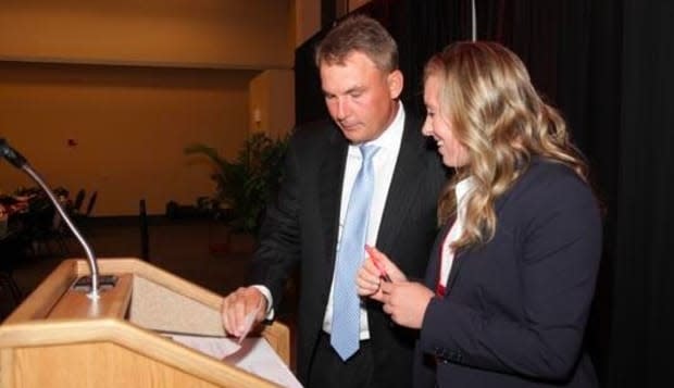 <b class="credit">Adecco</b>Adecco CEO Bob Crouch (left) and intern CEO Savannah Graybill (right).