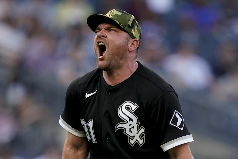 Chicago White Sox relief pitcher Liam Hendriks (31) reacts after closing the ninth inning and recording a save in a baseball game against the New York Yankees, Sunday, May 22, 2022, in New York. (AP Photo/John Minchillo)
