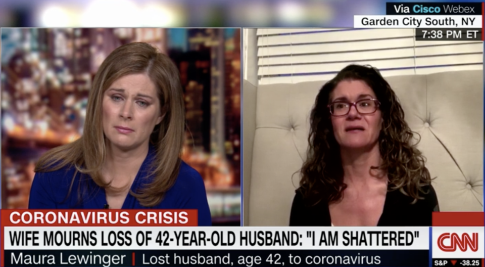 Pictured is Maura Lewinger speaking to CNN's Erin Burnett about her husband dying of coronavirus.