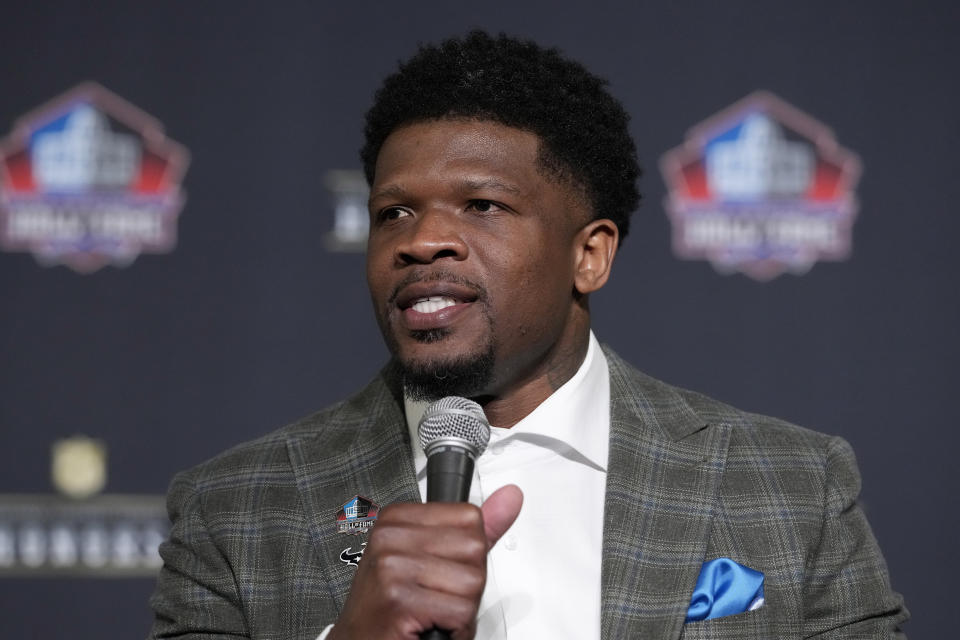 Andre Johnson, NFL Hall of Fame Class of 2024, speaks during a news conference at the NFL Honors award show ahead of the Super Bowl 58 football game Thursday, Feb. 8, 2024, in Las Vegas. The San Francisco 49ers face the Kansas City Chiefs in Super Bowl 58 on Sunday. (AP Photo/Godofredo A. Vásquez)