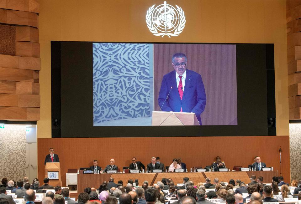 World Health Organization Director-General Tedros Adhanom Ghebreyesus addresses the World Health Assembly in Geneva on May 22, 2022.