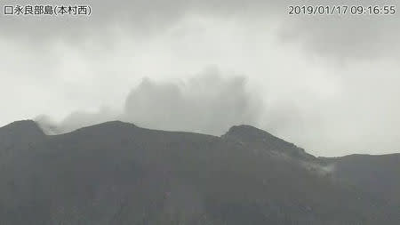 A video grab from the Japan Meteorological Agency's live camera image shows an eruption of Kuchinoerabu Island in Yakushima town, Kagoshima prefecture, southwestern Japan, January 17, 2019. Japan Meteorological Agency/Handout via REUTERS