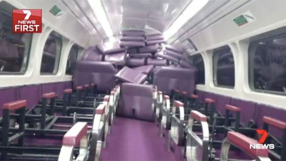 The vandals had pulled every seat up from the top floor of the carriage. Source: 7 News