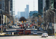 <p>Emergency services close Yonge Street in Toronto after a van mounted a sidewalk crashing into a crowd of pedestrians on Monday, April 23, 2018. (Photo: Nathan Denette/The Canadian Press via AP) </p>